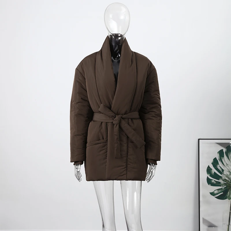 Damen Gefütterte Jacken V-Ausschnitt Langarm Schnürung Übergroße Mäntel Herbst Winter Damen Mantel mit Taschen Einfarbig Locker Geschnitten Schicke Neue Oberbekleidung – Detail 4