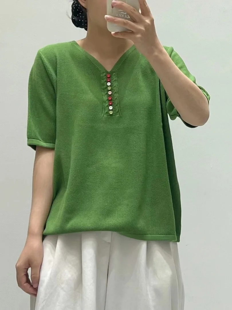 

Summer 2026 Women's plus Size Knitted T-Shirt Breathable Comfortable Short Sleeve V-Neck Casual Versatile Top
