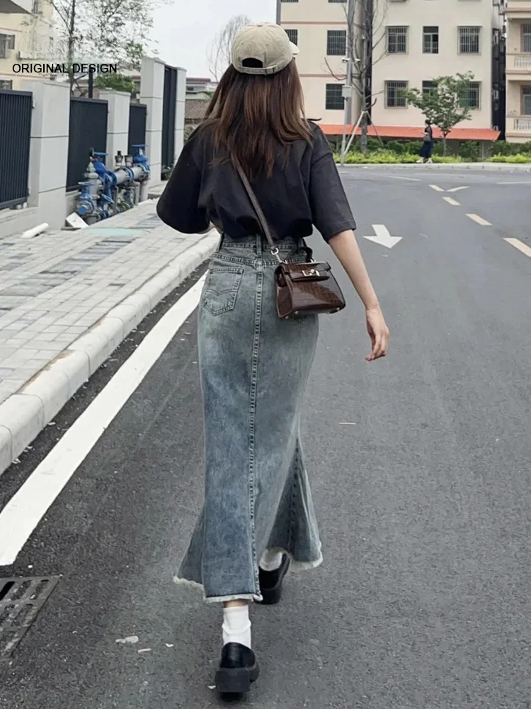 

Ретро джинсовая юбка с высокой талией для женщин, весна-лето, новый стиль, облегающая, средней длины, фасон «рыбий хвост» с бахромой, модная, из хлопка