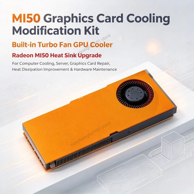 MI50 Graphics Card Cooling Modification Kit, Built-in Turbo Fan GPU Cooler, Radeon MI50 Heat Sink Upgrade