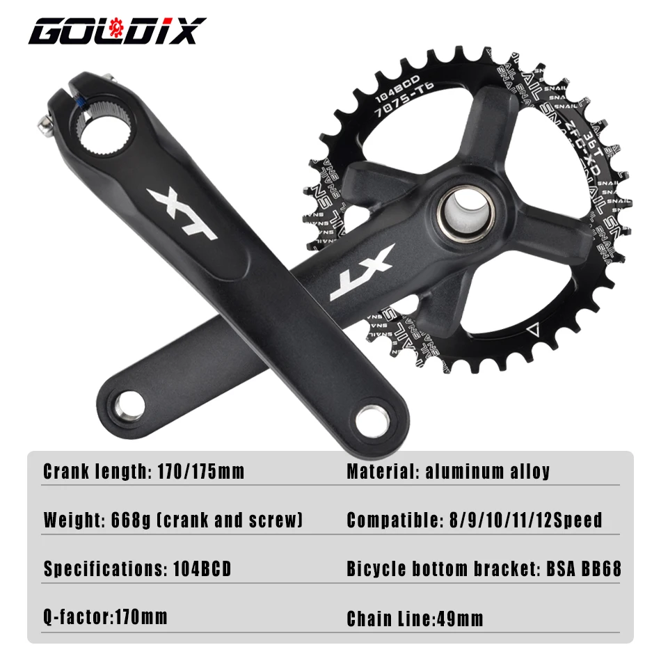 GOLDIX XT Bicikli crankset 104BCD chainring Széleskörű Összehúzza magát 32-42T 170/175mm Eltorzult crankbait Összeegyeztethető vel SHIMANO/SRAM 11-12speed