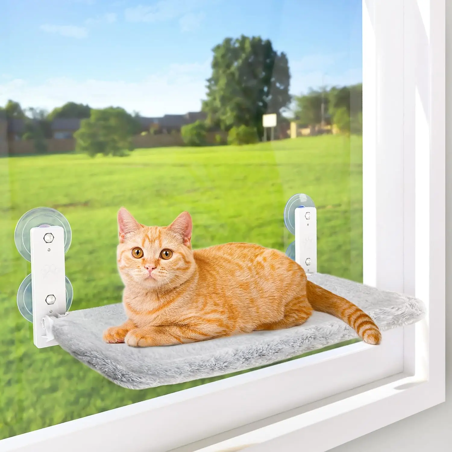 Cordless Cat Window Perch, Cat Hammock for Wall with 4 Suction Cups, Solid Metal Frame and Reversible Cover, Foldable Cat Beds f