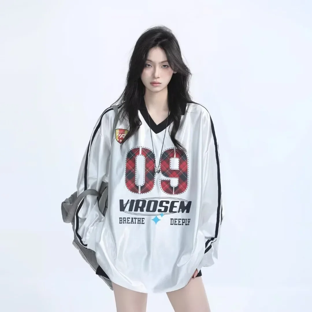 

Retro Sport Style Long Sleeve Lettering V-Neck Digital Number Jacket Hip Hop Top Trendy Design Summer Thin Korean Loose Fit
