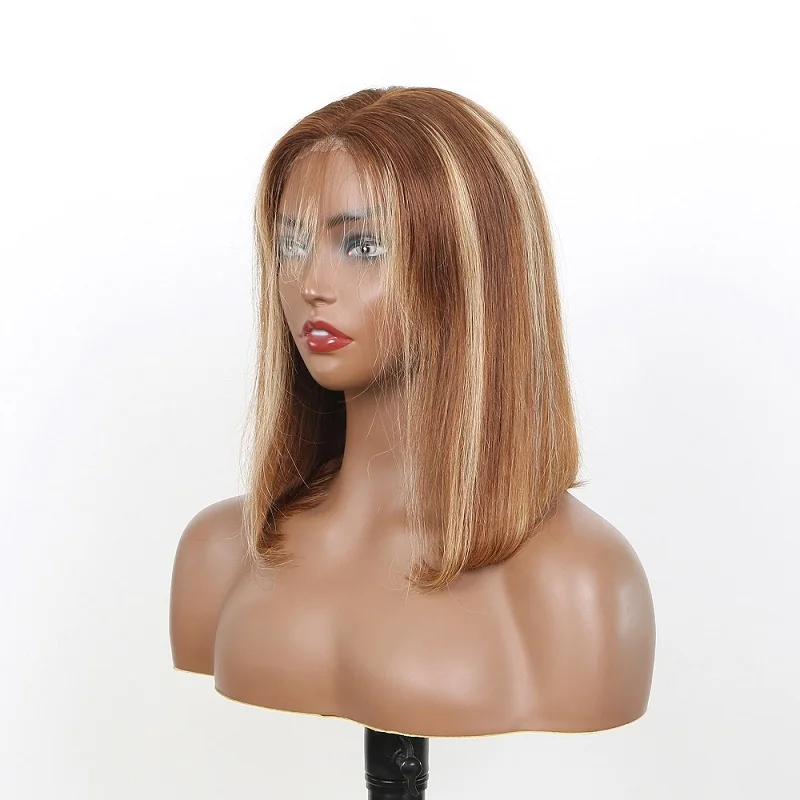 Bob corto 6x4 resaltado recto Ombre marrón pelucas sin pegamento cabello humano prearrancado precortado HD cierre de encaje pelucas sin pegamento