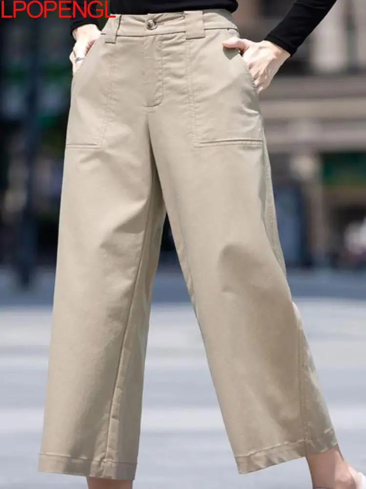 

Fashion Women's Summer Solid Color Vintage Ankle-length Pants High-waisted Straight Button Loose Streetwear Wide-leg Trousers