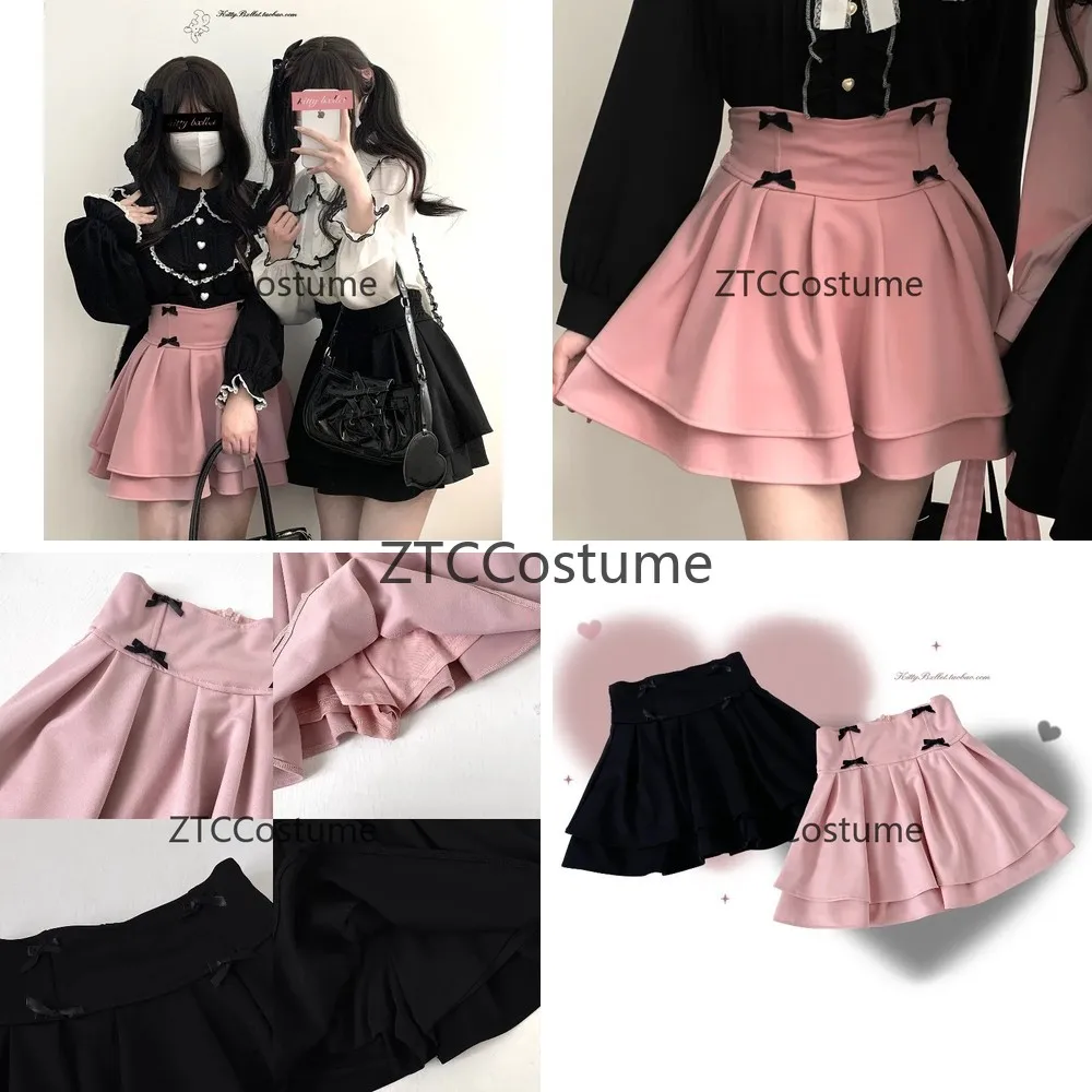

Japanese Lolita Cosplay Mini Skirt Sweet Bow Double Layer Short Skirt for Women Y2k Fashion Summer Black Pink