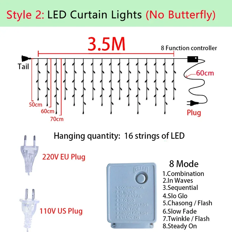 3.5m Butterfly LED Curtain Lights Christmas Garland for Holiday Wedding Party Decor