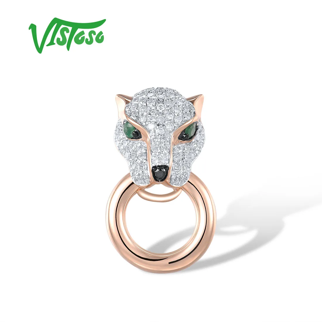 VISTOSO Gold Pendant For Women Genuine 14K 585 Rose Gold Leopard Pendant Emerald Sparkling Diamond Safari Fine Chic Jewelry