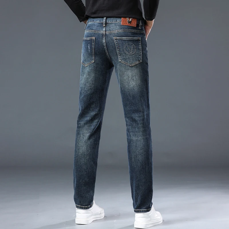 Jeans retrô azul versátil casual masculino, calça reta fina, estojo high-end na moda empresarial, novo, estojo 2024