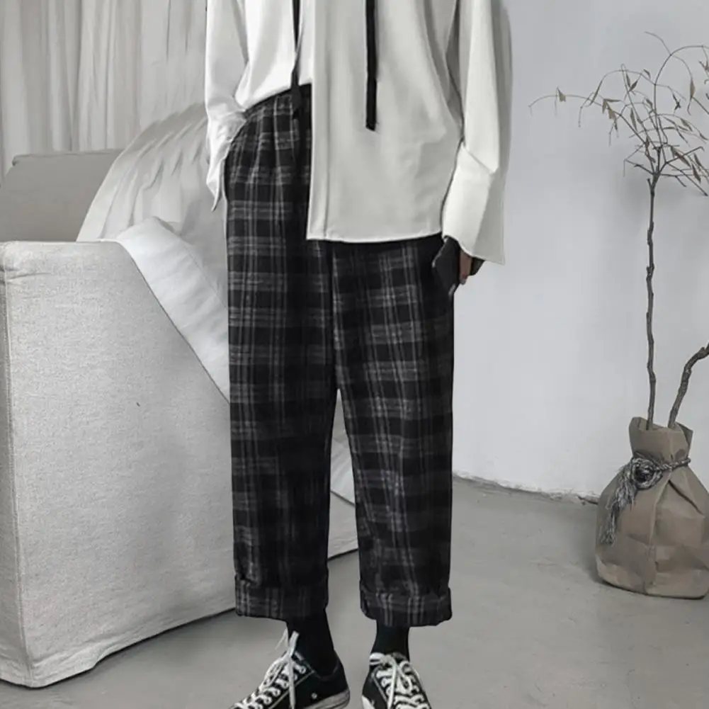 

Versatile Lightweight Vintage Straight Wide Leg Plaid Pattern Casual Trousers Daily Clothing