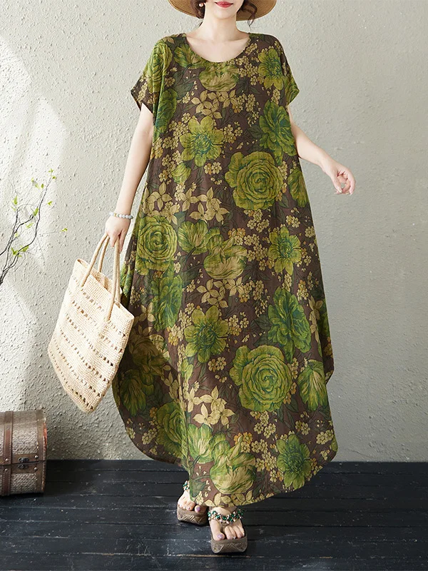 

Loose Fit Batwing Sleeve Dress Artistic Large Floral Print Shoulder to Hem Citywalk Cotton Summer Long Dress Women
