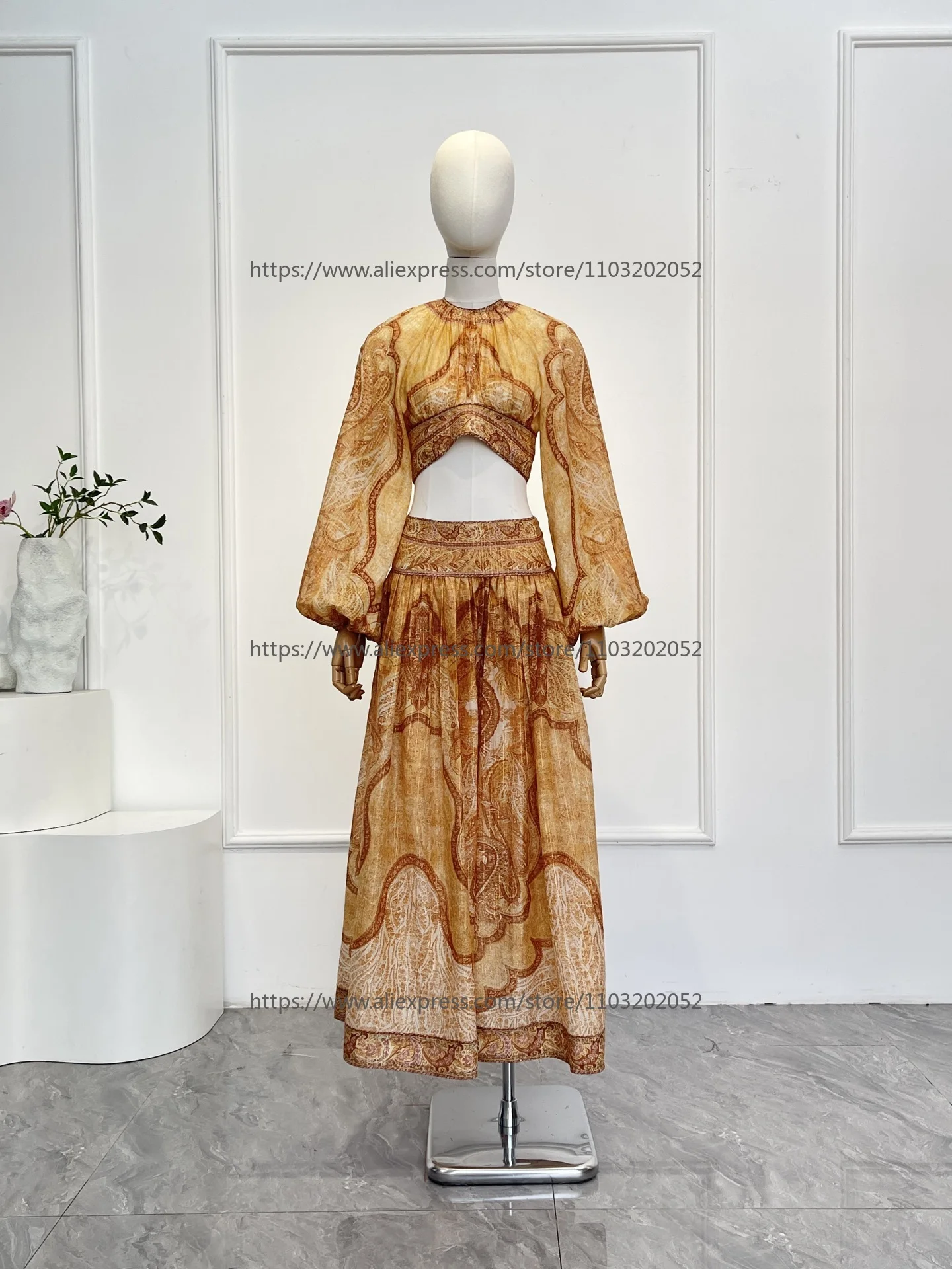 

2026 New Fashion Brown Floral Paisley Print Long Sleeve Blosue Tops Midi Skirt Set High Quality As Pic