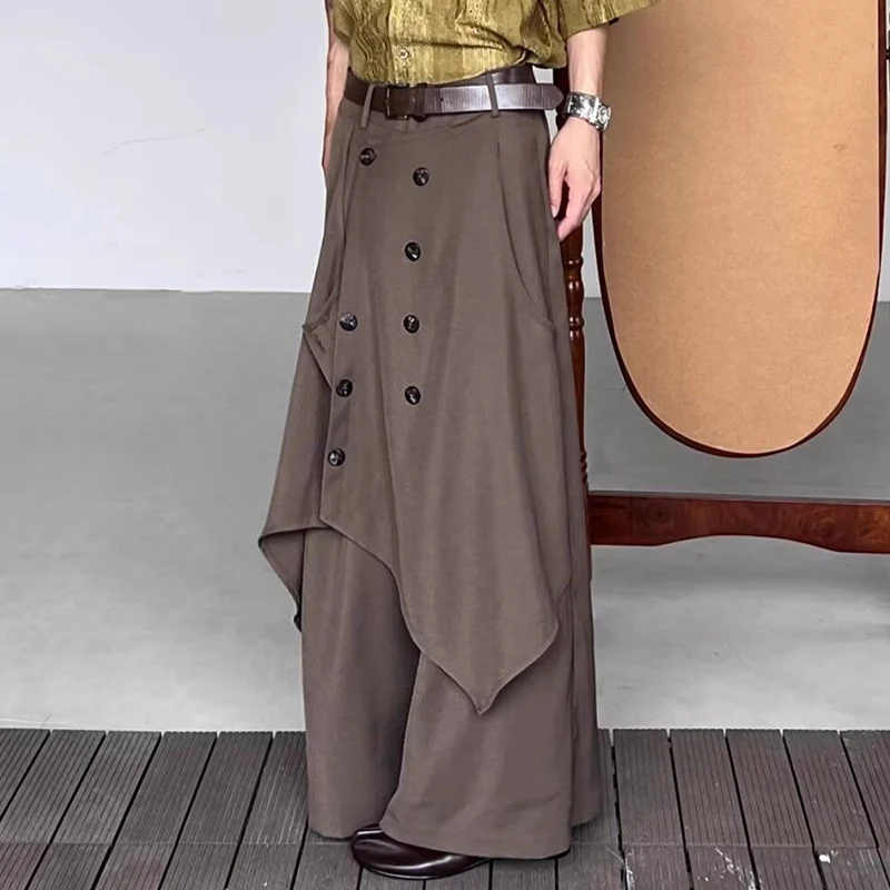 Korean Retro Trousers Skirt Solid Button Top Japanese Style 2024 New Men Women Irregular Design Pants Oversized Hakama Aesthetic