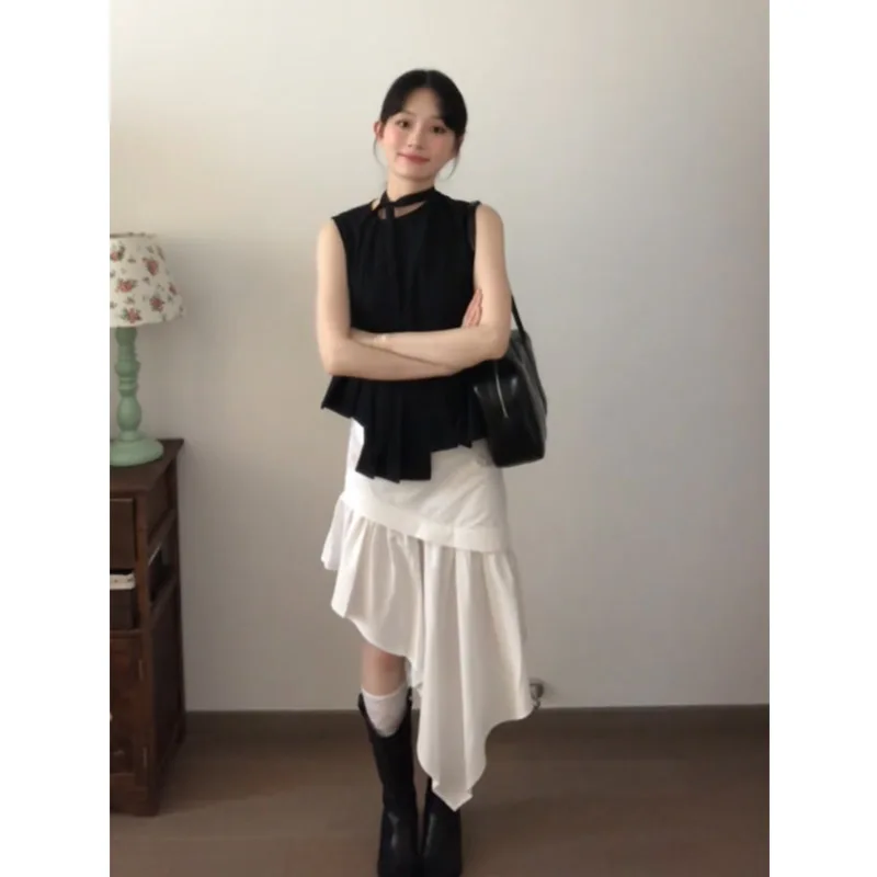 Korean Summer New White Trumpet Skirts Women High Waist Lace Patchwork Irregular Side Slit Chiffon Long Skirt Woman A699