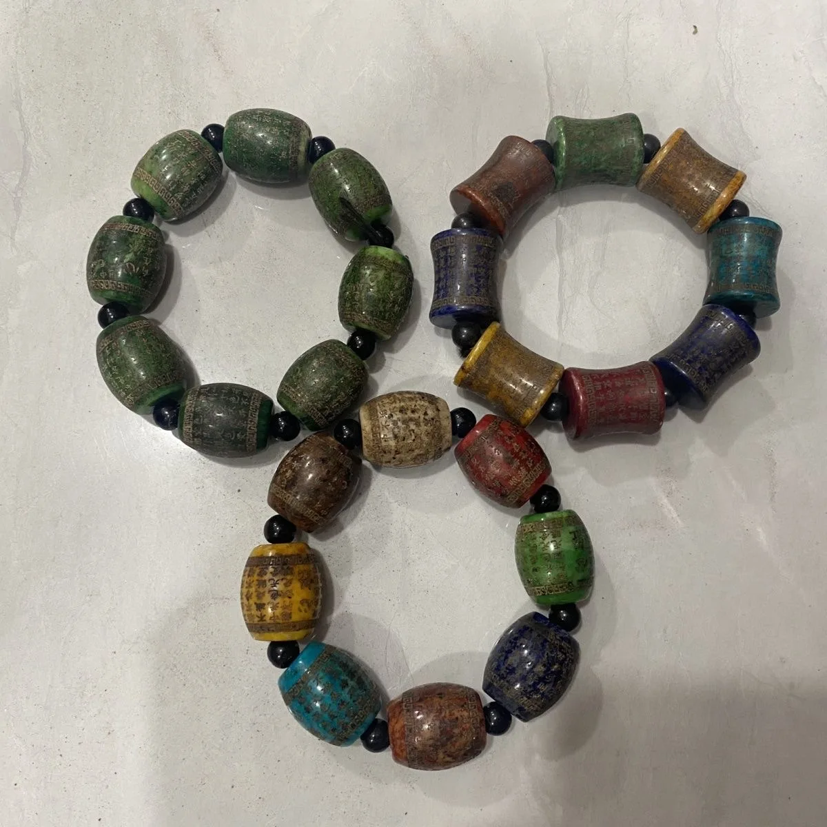 2026 Chinese Old Green Jade Hand Carved *Heart Meridian xinjing* Large Beads Bracelet