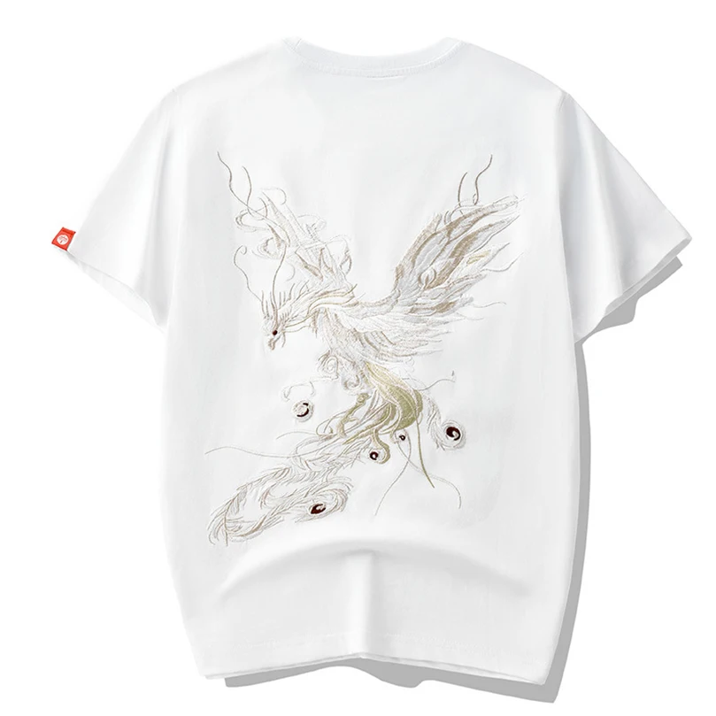 2024 Summer Cotton Trend Oversize Short Sleeve T-Shirt Men\'s National Chinese Style Tshirt Men\'S Phoenix Embroidery Top Tee New