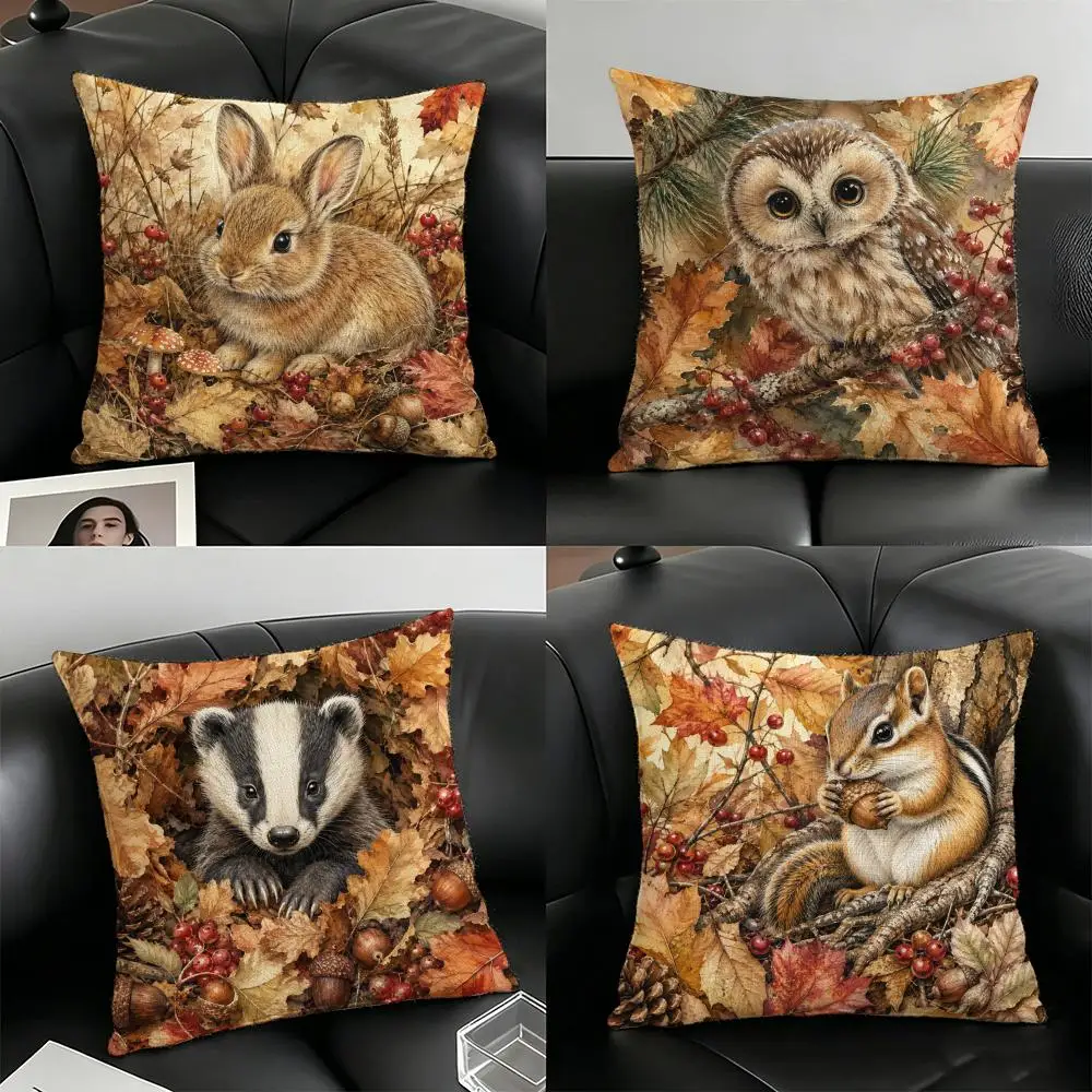 Adorable Forest Animal-Print Cushion Cover Natural Linen Organic Fabric Double-Sided Printing Breathable For Home Decor