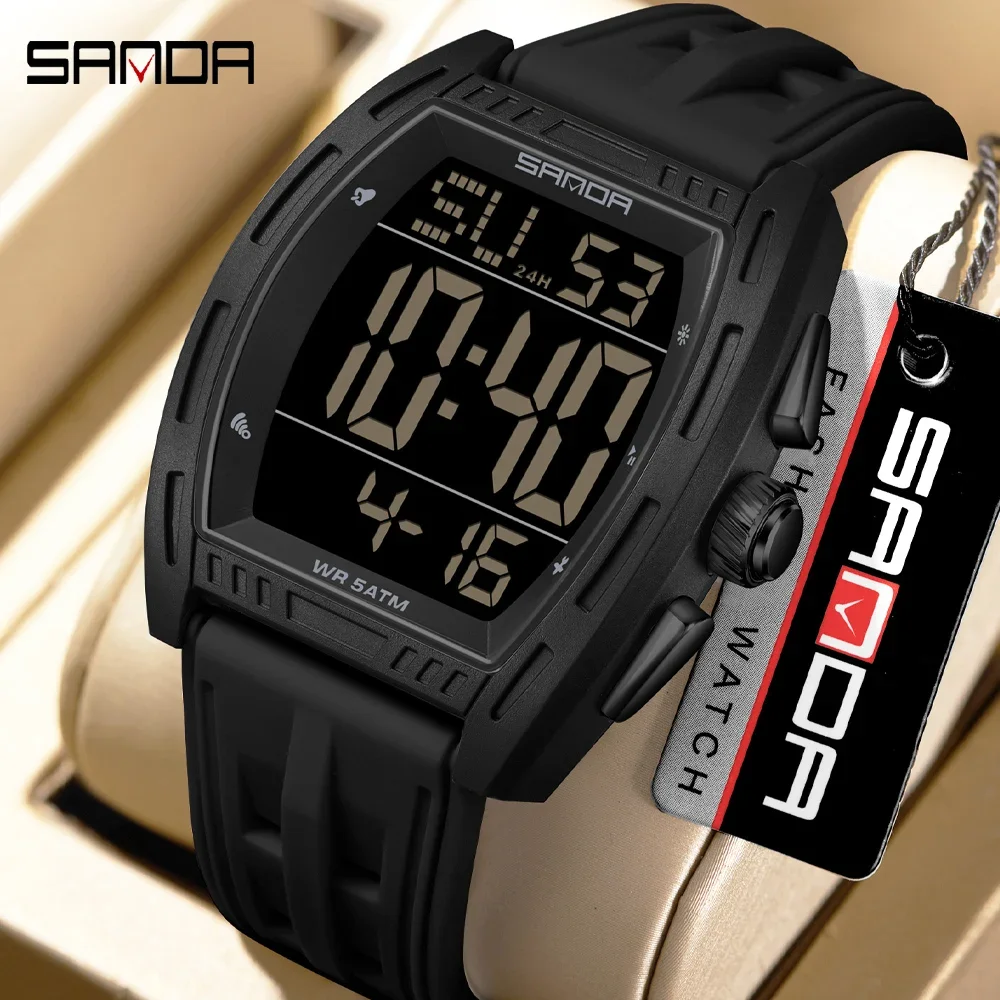 SANDA Men's Digital Sport Watch Tonneau Dial TPU Strap Multifunctional Alarm Stopwatch 50M Waterproof Electronic Wristwatch