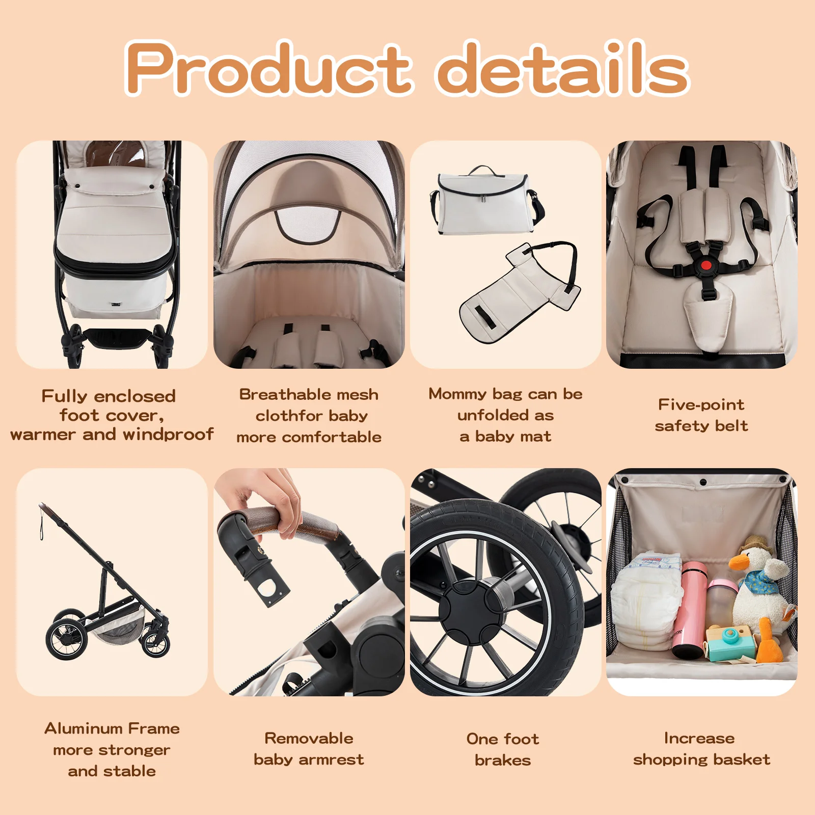 Baby Stroller 3 in 1 Luxurious Portable Travel Baby Carriage Fold Pram High Landscape Aluminum Frame Newborn Infant Stroller