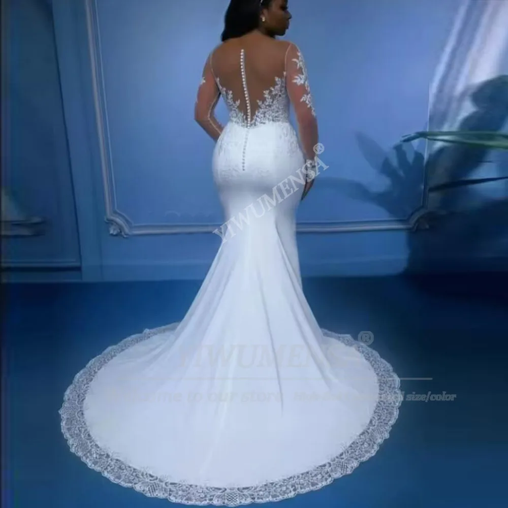 高級レースアップリケマーメイドウェディングドレス花嫁のためのイリュージョン長袖ブライダルガウン取り外し可能なトレイン付きローブデマリー