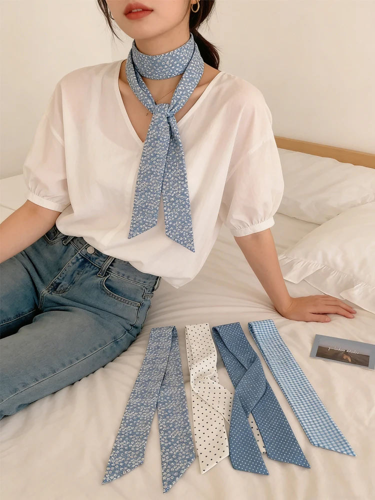 Early Spring New Style Blue Silk Scarf, Korean-Style Simple Hair Tie, Long Ribbon, Paired with Shirt, Decorative Hairband