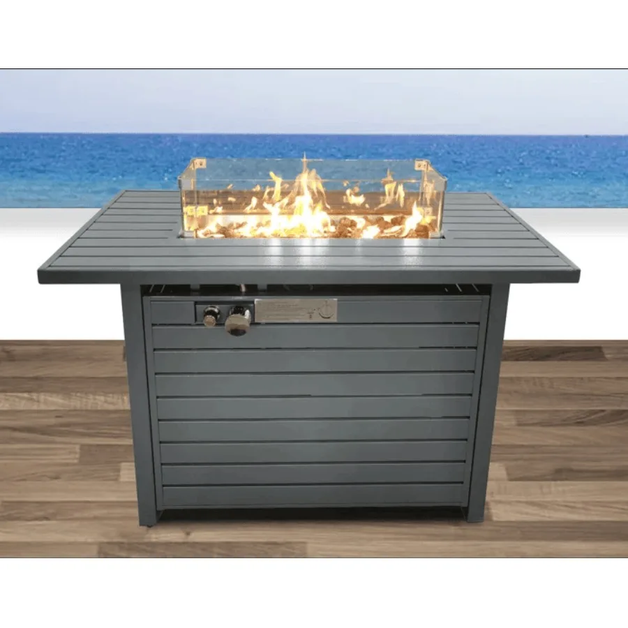 

Outdoor fire pit table for patio use, steel material, black color, includes lid and propane fuel compatibility