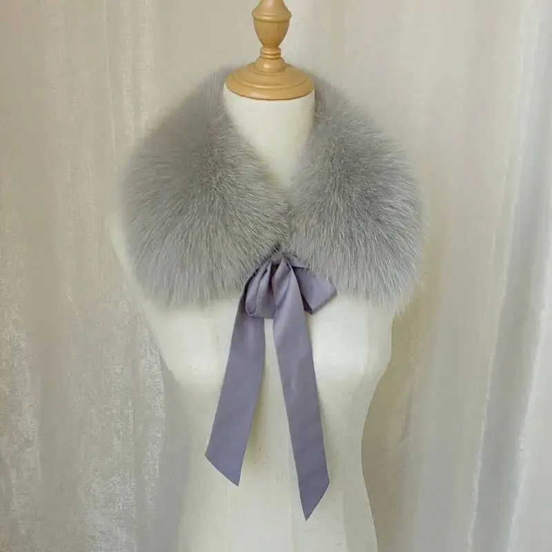 New Fox Fur Collar With Ribbon Women's Winter Warm Real Fur Collar Coat Hood Decor Furry Fur Collar Fashion Warm Coat Shawl view 2
