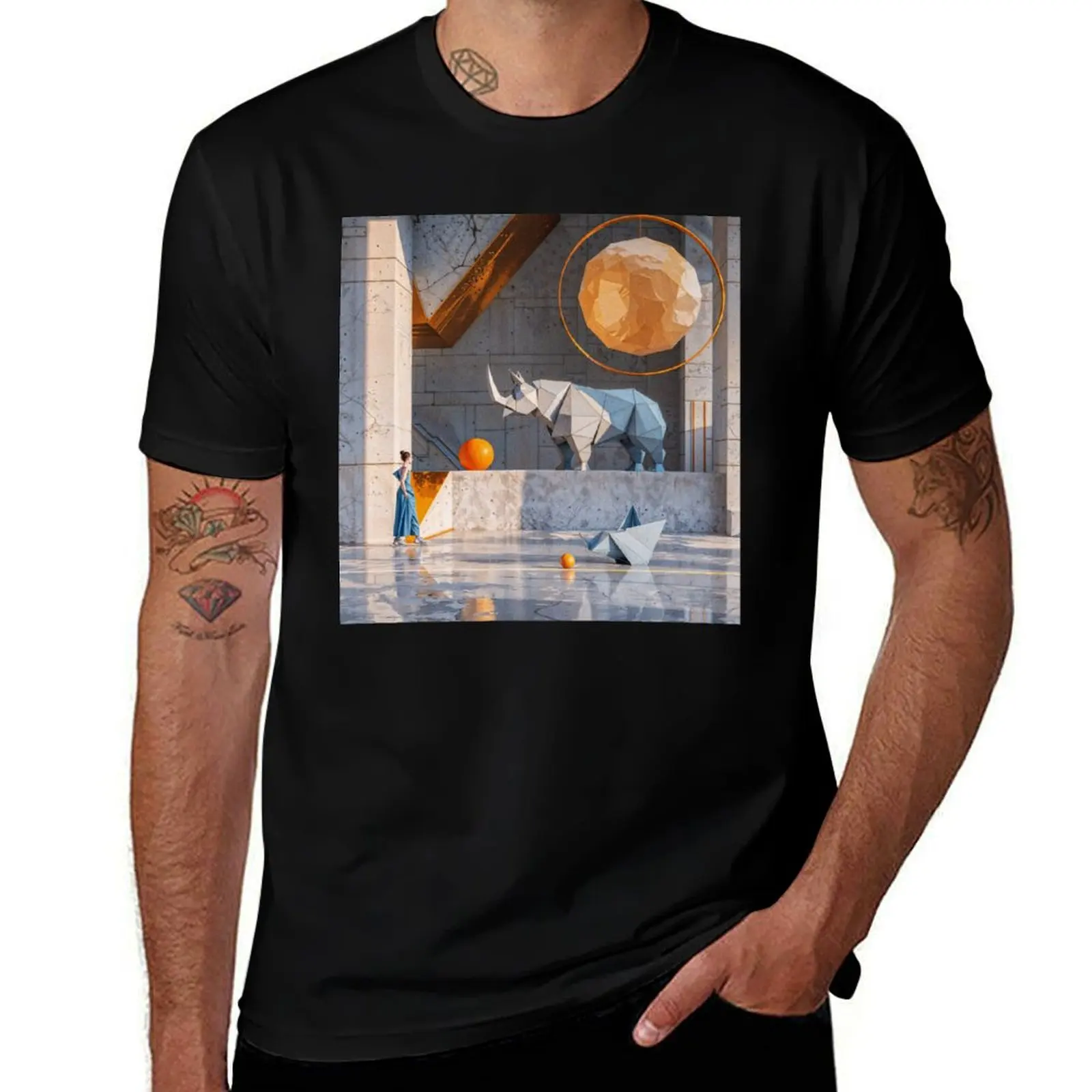 

Animals geometry and minimalism: Rhinoceros and woman T-Shirt t shirt man cotton anime t shirts for man T-Shirt