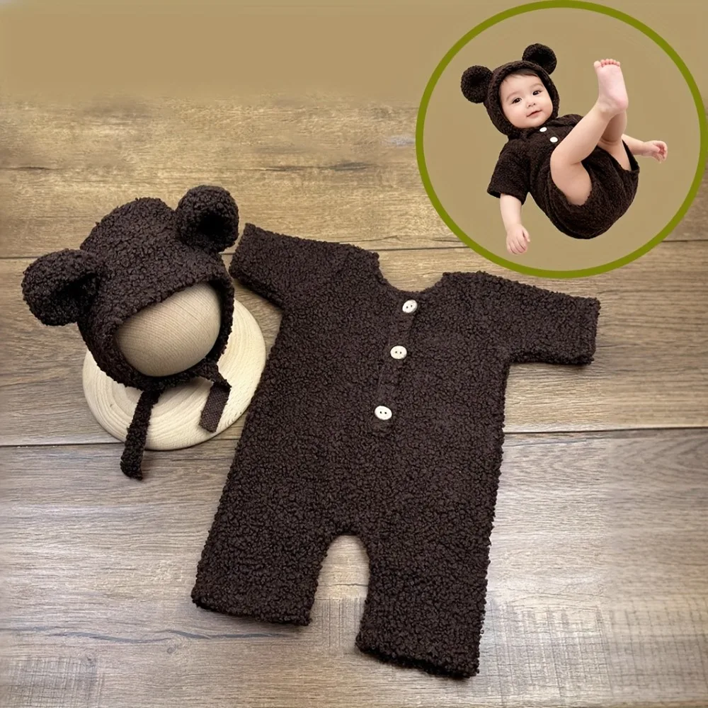 

Newborn Photography Outfit Set Bear Hat with Button Romper Soft Knitting Baby Photo Props Costume for Studio Infant Photoshoot