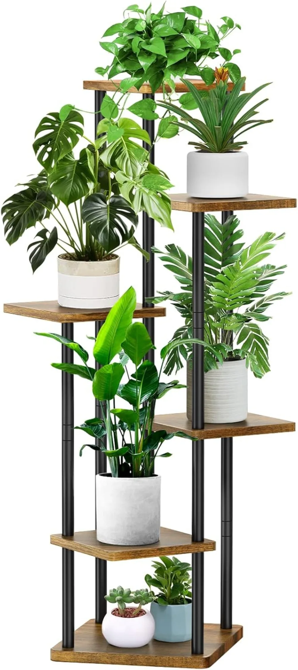 

6-Tier Wood and Metal Plant Stand for Indoor/Outdoor Use, Holds Multiple Pots, Space-Saving Corner Rack in Black