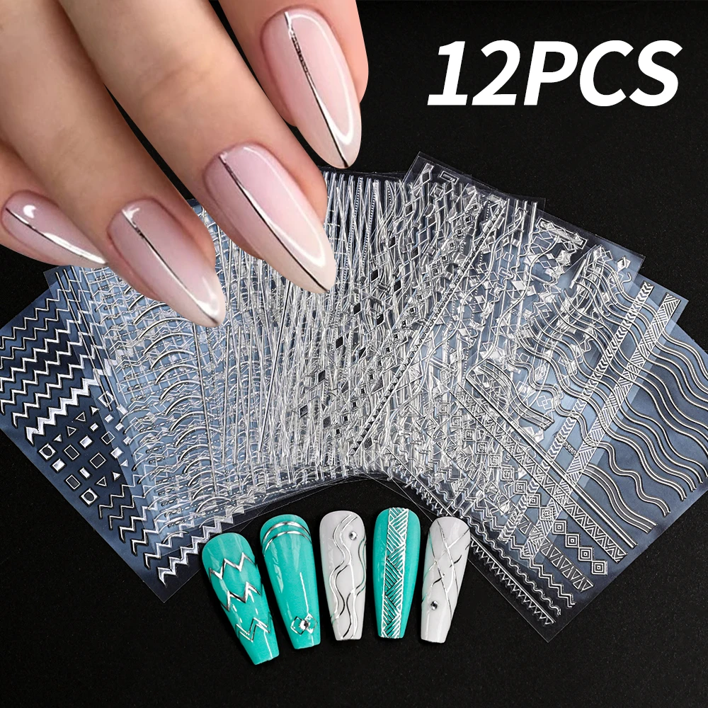 12Sheets 3D Metallic Silver Lines Nail Art Stickers Geometric Lines Waves French Nail Slider Decals Adhesive Manicure Decoration
