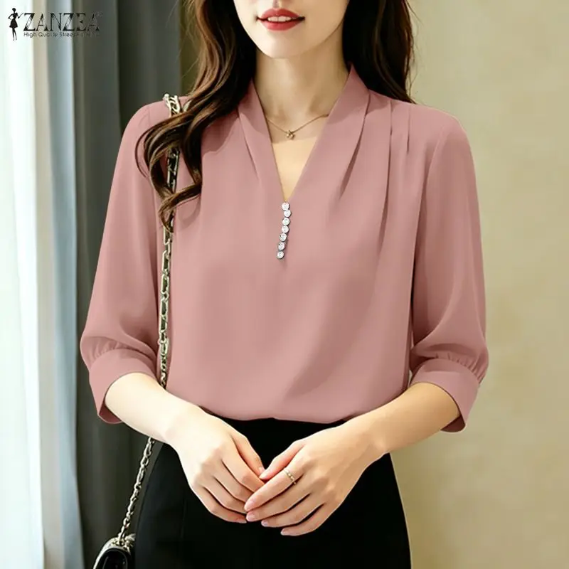 

ZANZEA Elegant Pearls Detail Blouses Women V-Neck Pleated 3/4 Puff Sleeve Tops Office Sophisticated Solid Color Blusas de Mujer
