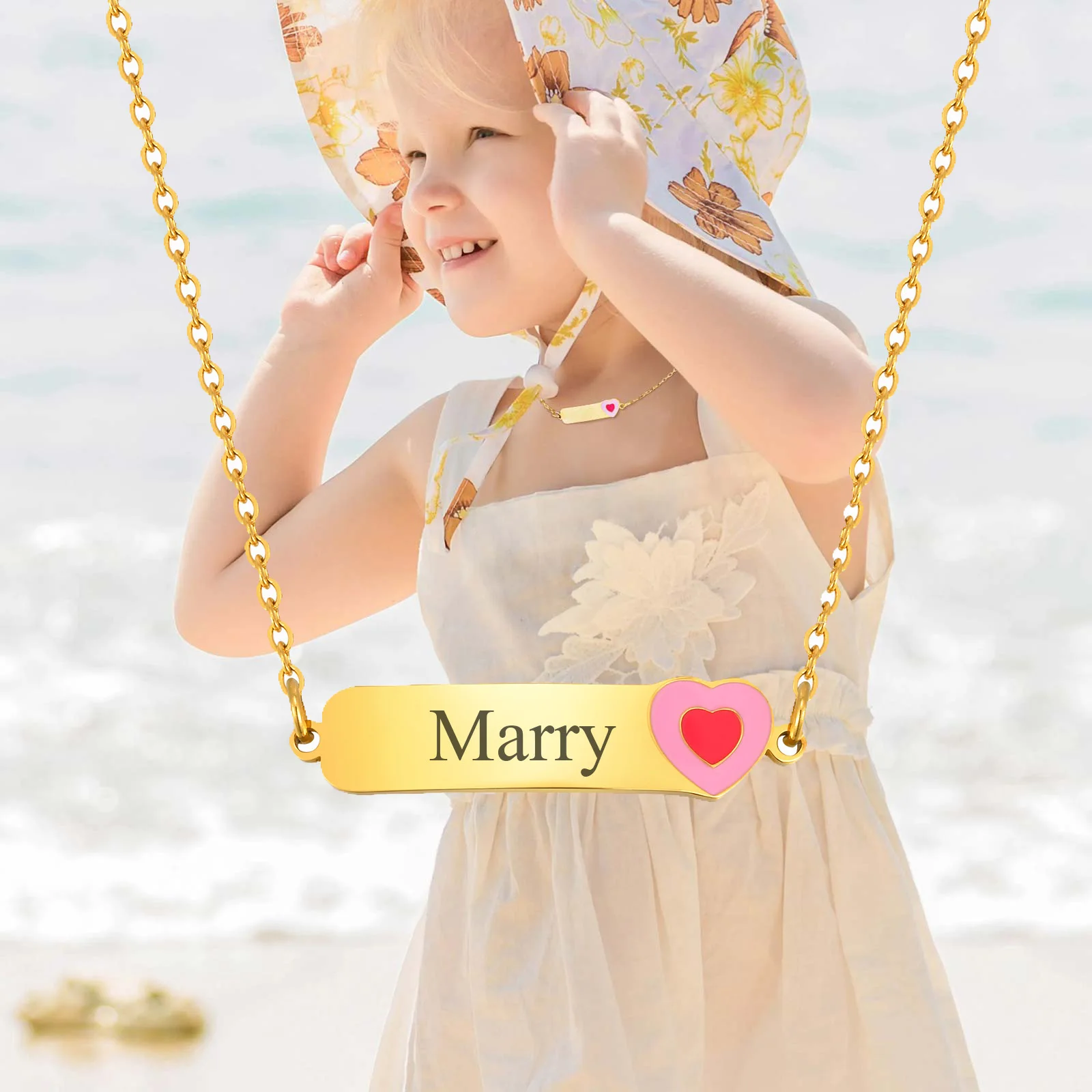 Free Customized Heart Necklace, Engraved Name Personalized Bar Necklace For Baby Kids Newborn Girls Cute Gift