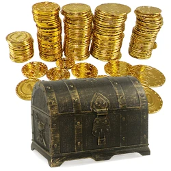 Pirate Treasure Chest Toys Pirate Adventurous Treasure Box with Lock Toy Pirate Gold Coins Kids Halloween Pirate Party Decor