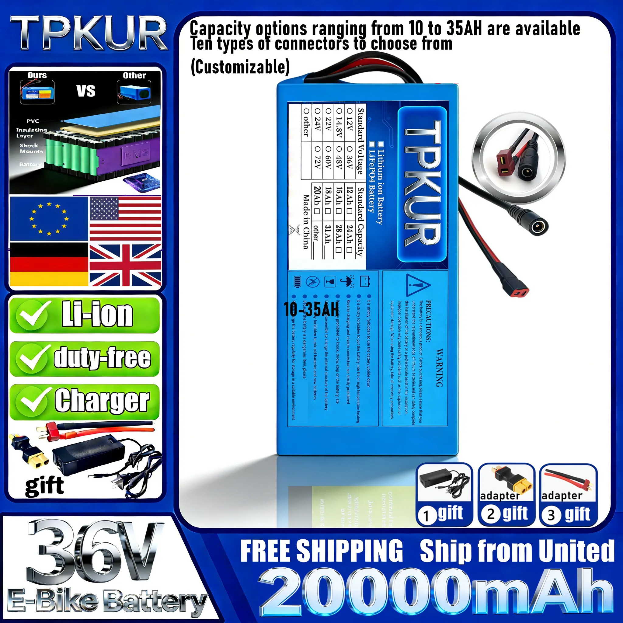

TPKUR High Capacity 18650 Lithium Battery Pack 36V 10S6P,5P,4P 15AH 20AH 25AH 35AH Built-in BMS For 200-1000W Electric Scooter