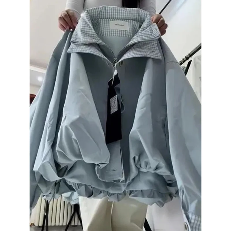 

Vintage Plaid Patchwork Jacket Women Blue Button Long Sleeve Cropped Coat Loose Casual Street Preppy Style Outwear