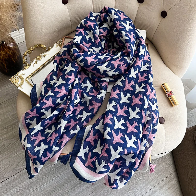 2024 Fashion Luxury Aircraft Ladies Women Scarf Female Long Shawl Tassel Four Seasons Versatile Floral Muslim Hijab Wrap Scarves