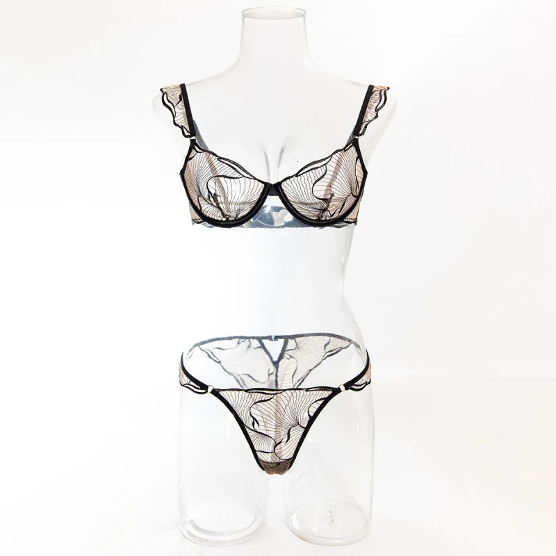 Bikini thin lingerie sexy embroidered mesh anti-sagging bra two-piece set for women