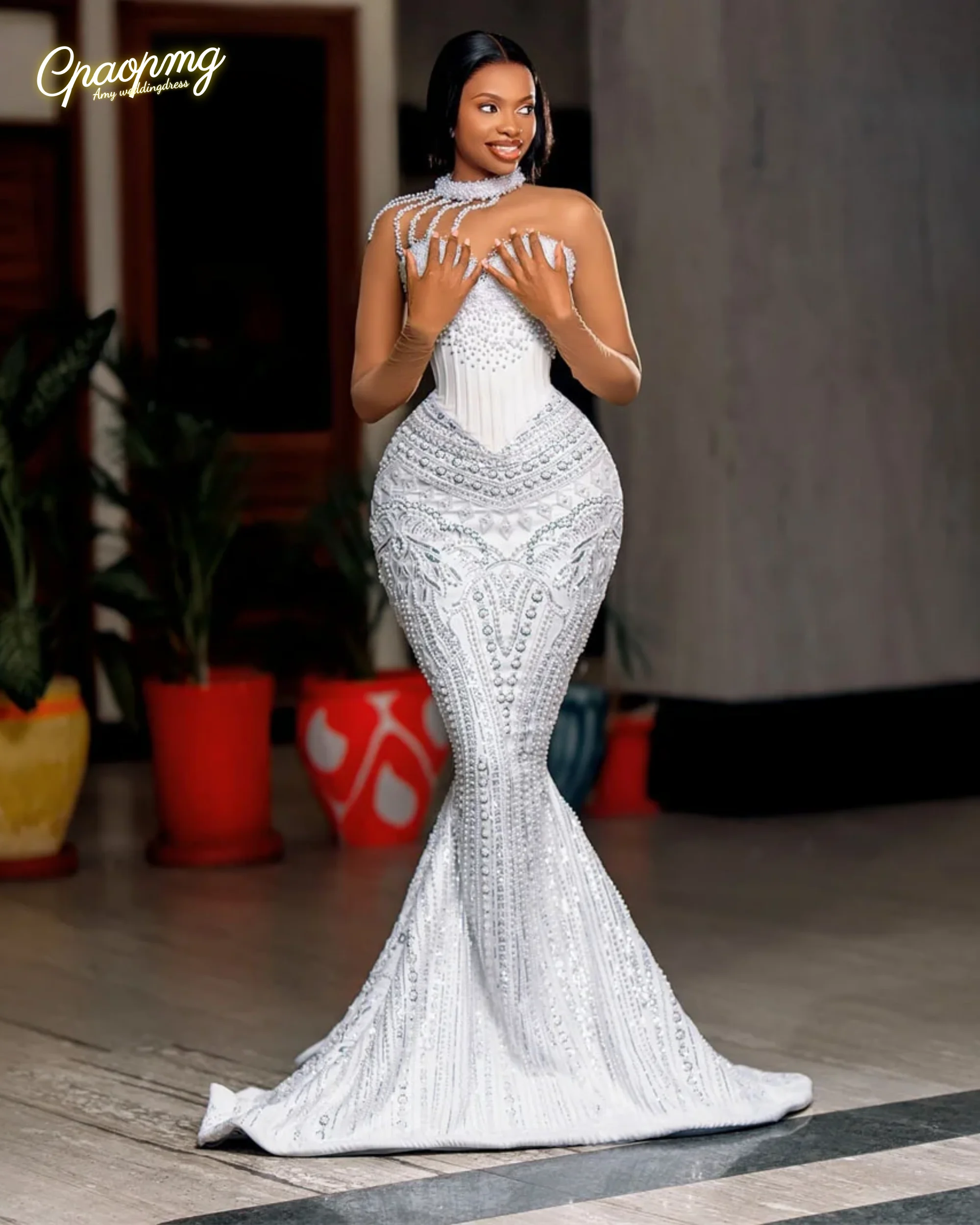 Personalizado africano branco sereia vestidos de noite miçangas pérolas cocktail vestido de baile personalizado vestidos de festa de casamento robes de soi