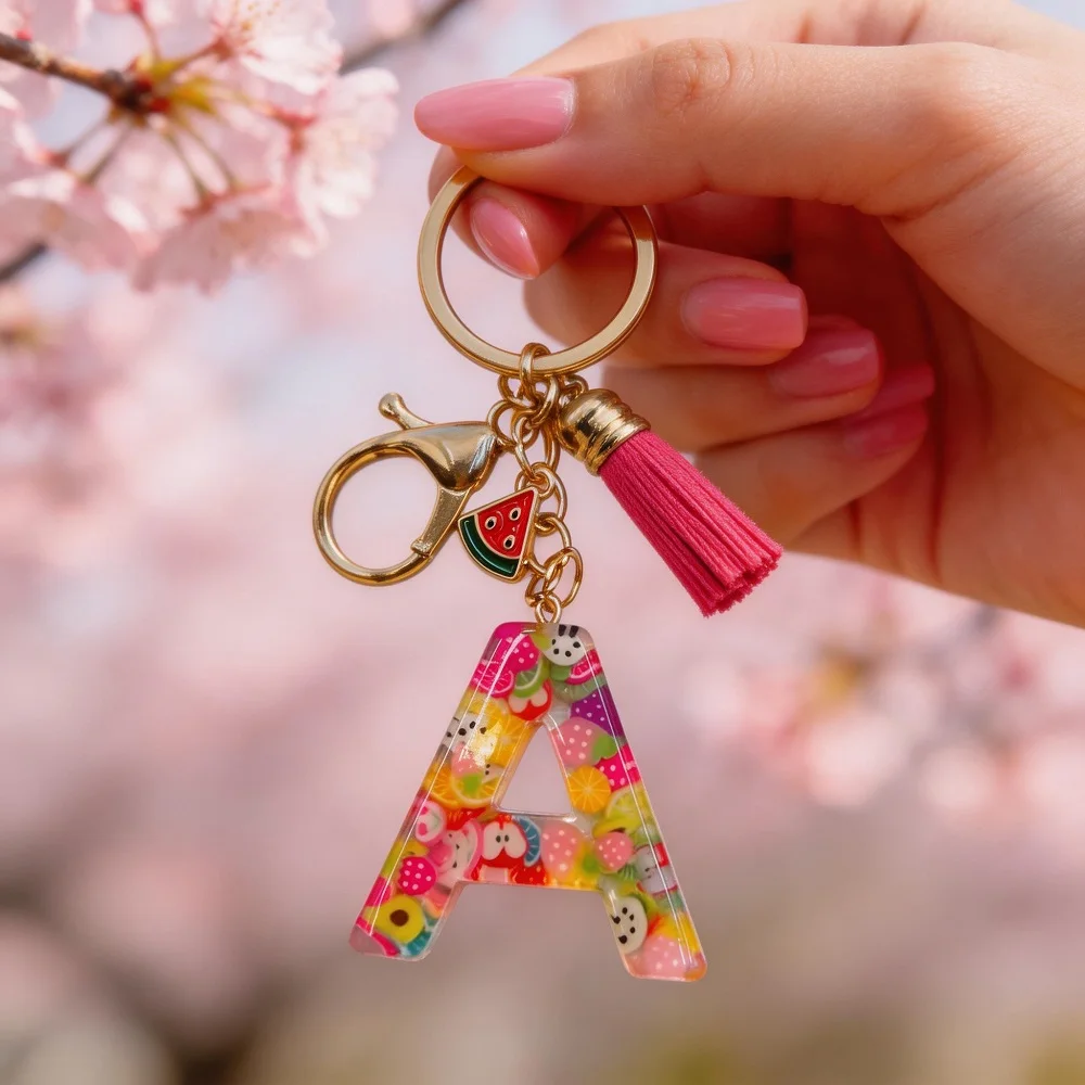 

Factory Direct Sale Cute Tassel Fruit Glitter Letter Keychain Fashion Car Keyring Backpack Decoration Pendant Key Gift Wholesale