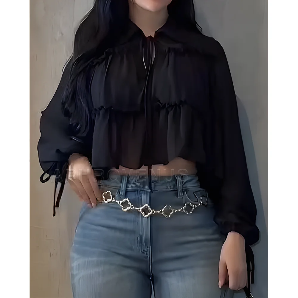 Women's Flowy Chiffon Shirt Long Sleeve Ruffle Detail Loose Fit Blouse Casual Everyday Tops for Women  Spring Autumn