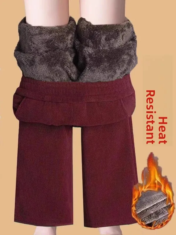 

Thickened Fleece Lined Corduroy Straight Leg Casual Pants Women's High Waist Elastic Waist Warm Autumn Winter New Style Korea...