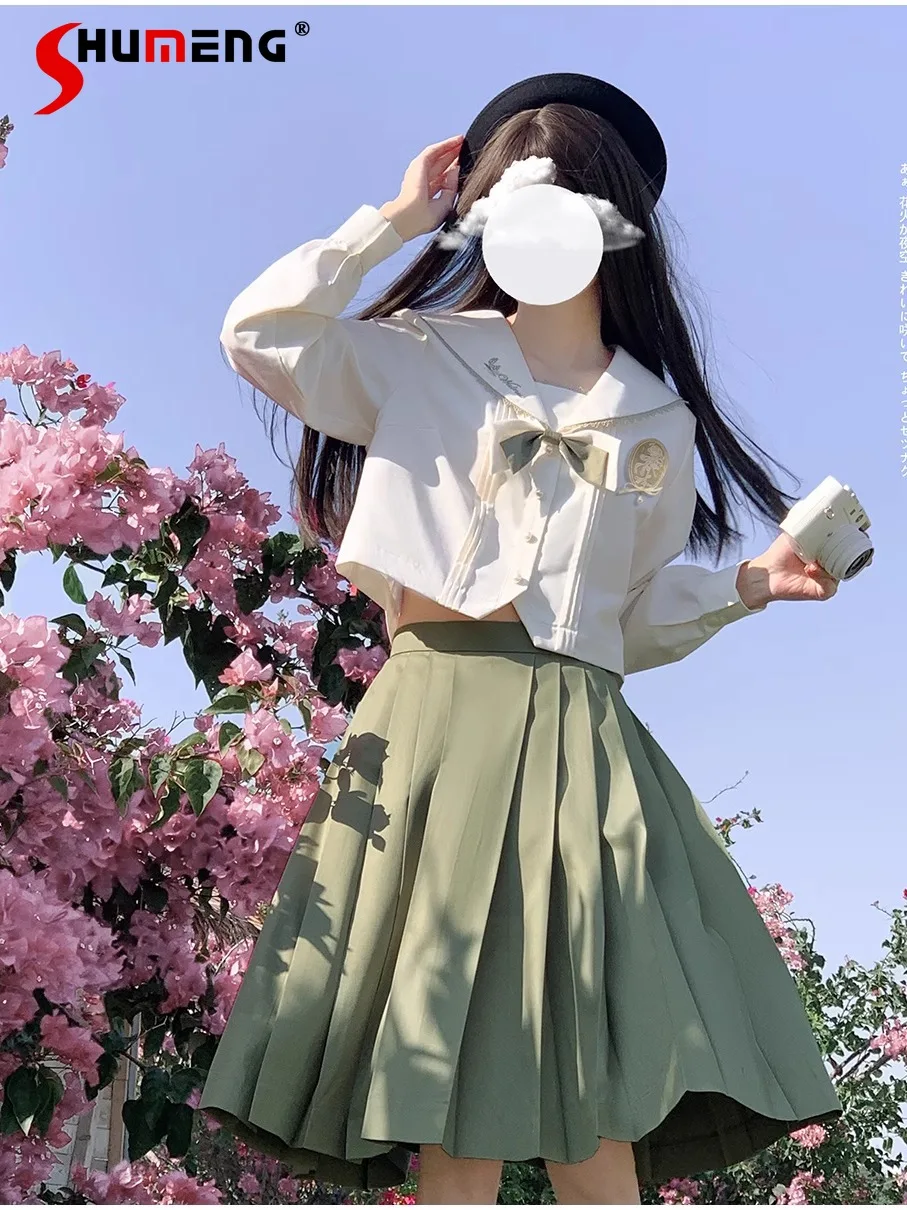 

Japanese Sweet Preppy Style JK Uniform Sets Embroidered Navy Collar Long Sleeve Shirts A-line Pleated Skirt Two-piece Sets Women