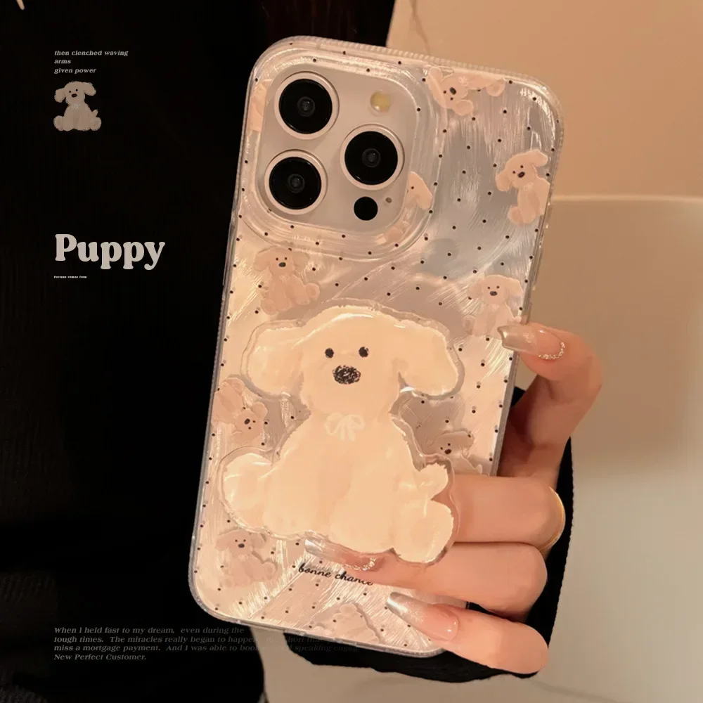 Ins Style Cartoon Polka Dot Puppy Phone Case with Holder for IPhone16 15 14 12 13 11 Pro ProMax Plus Shockproof Phone Cover