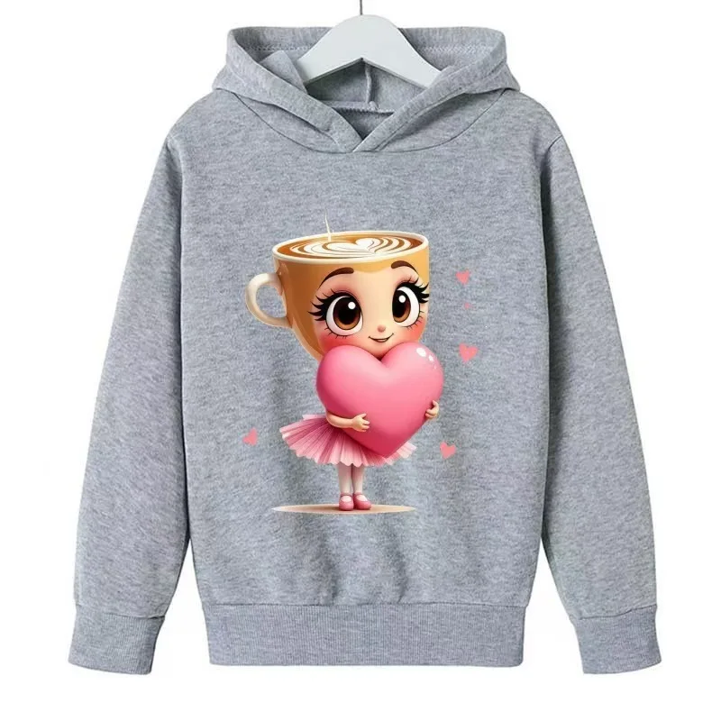 Children's hooded sweatshirt - warm winter/autumn sports shirt - cute coffee cup ballet heart pattern long-sleeved casual top