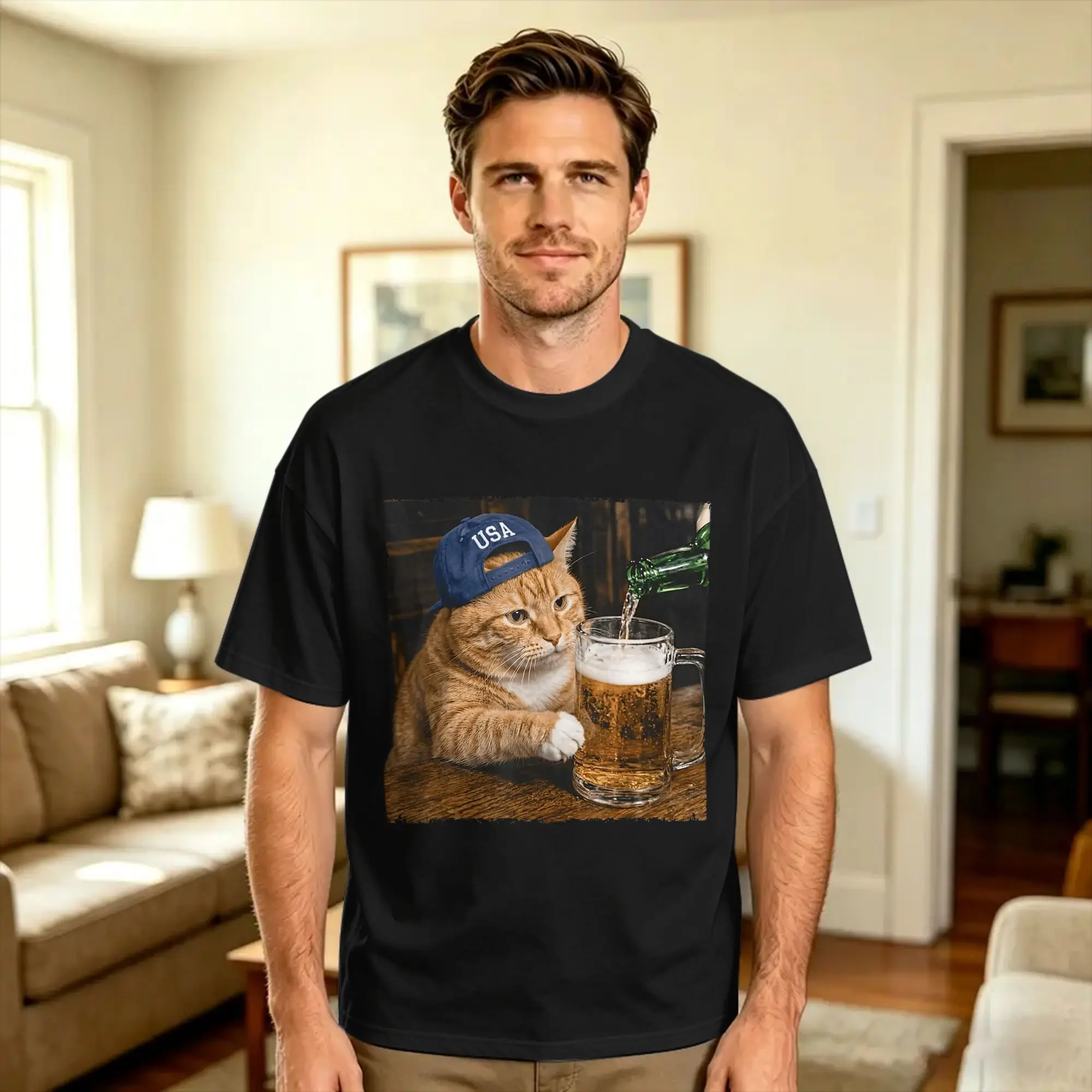 Fatty Cat Drinking Beer Funny Beer Fatty Cat Meme T-Shirt Men  Vintage T-Shirts Summer Crewneck Trendy Cool Tee Shirt Hot Sale