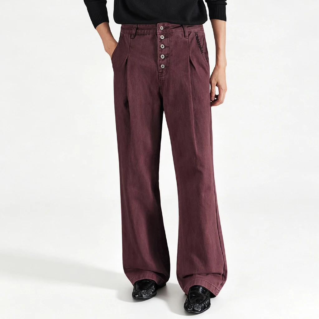 Multi Button Placket Casual Pant Men Fashion Vintage Loose Casual Heavyweight Micro Flared Pants Male Commute Trousers