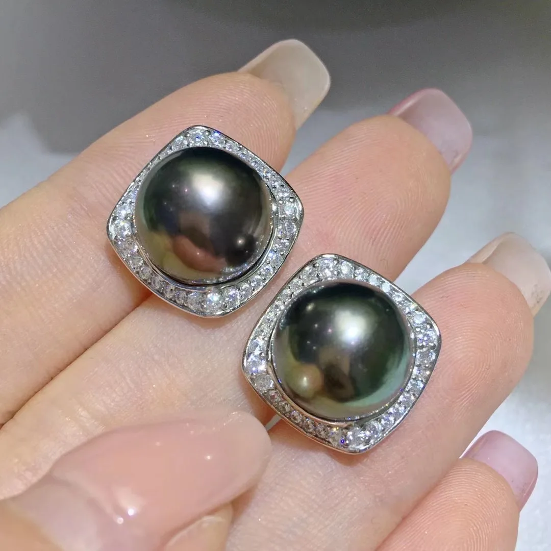 Natural Pearl Earrings AAA11-12mm Round Tahiti Round Pearl Earrings 925s