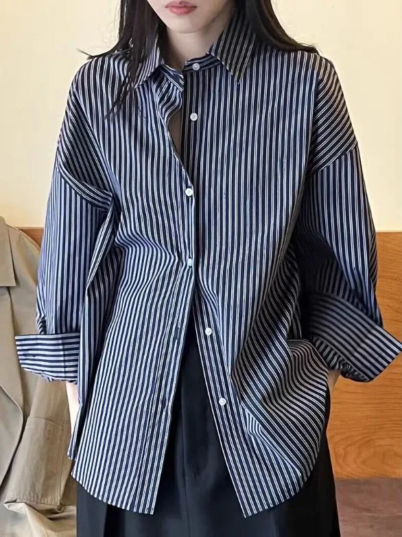 Retro Striped Long Sve  Ne irt Women's Spring Autumn Loose Fit Faionable Versatile Top Breathable Comfortable Sk...