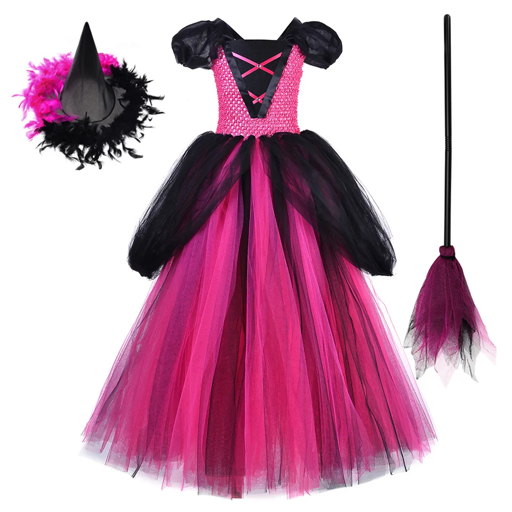 Children Pink Witch Fashion Eye-Catch Design Gothic Style Long Mesh Tutu Dress For Halloween Masquerade Party Role Play Clothing